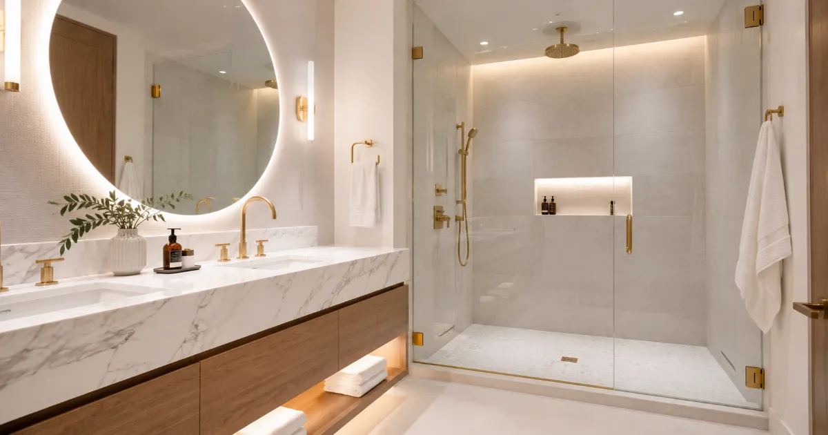 Modern master bathroom featuring elegant finishes, separate vanity, and luxury shower