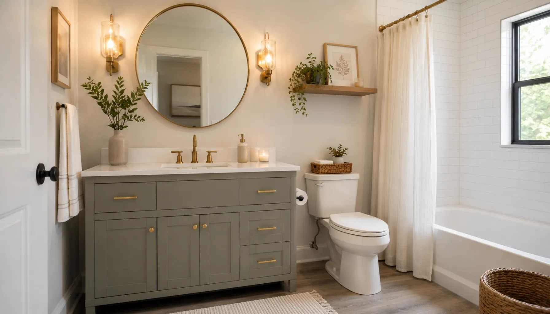 A clean modern bathroom vanity with brass fixtures and new lighting refreshed on a budget