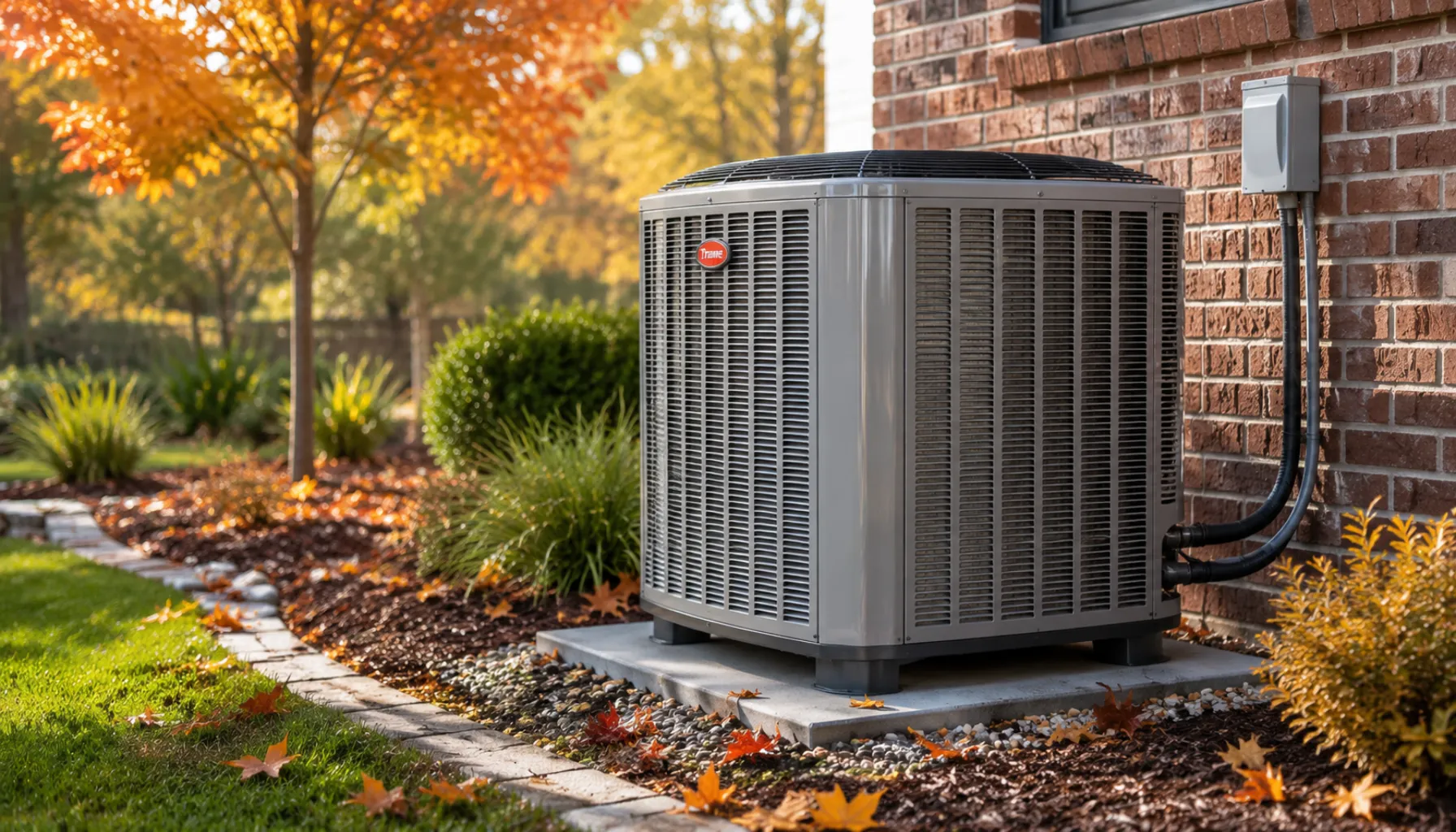 A residential outdoor air conditioning HVAC unit installed next to a house during the autumn season