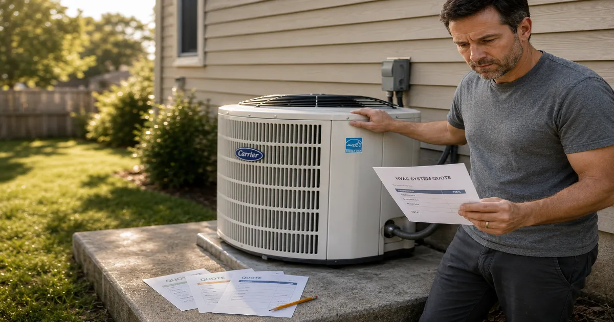HVAC technician inspecting a residential central air conditioning unit outside a suburban American home