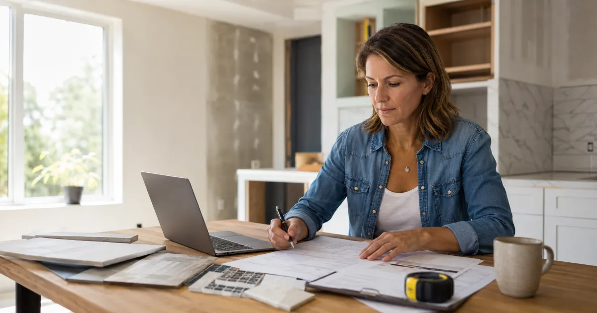 Homeowner reviewing contractor renovation quotes and cost estimates at a kitchen table