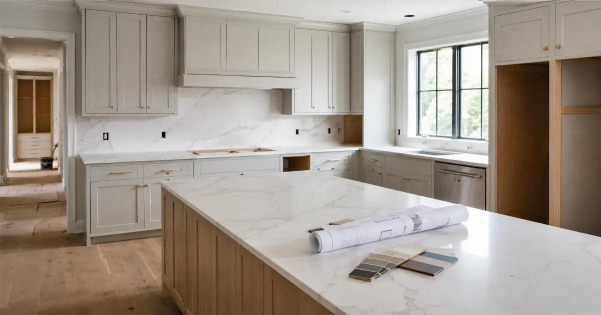 Spacious modern kitchen under renovation with new white cabinets and quartz countertops