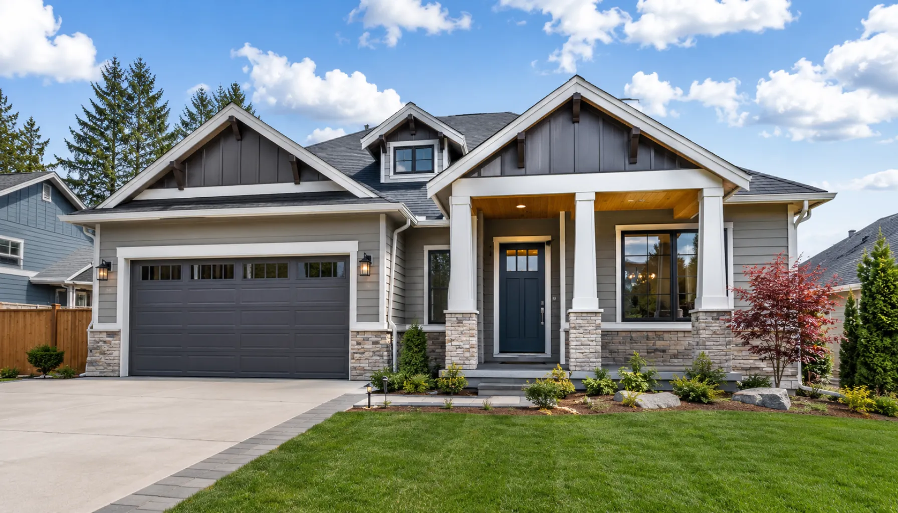 A beautiful home exterior showing a new front door and garage door providing high curb appeal