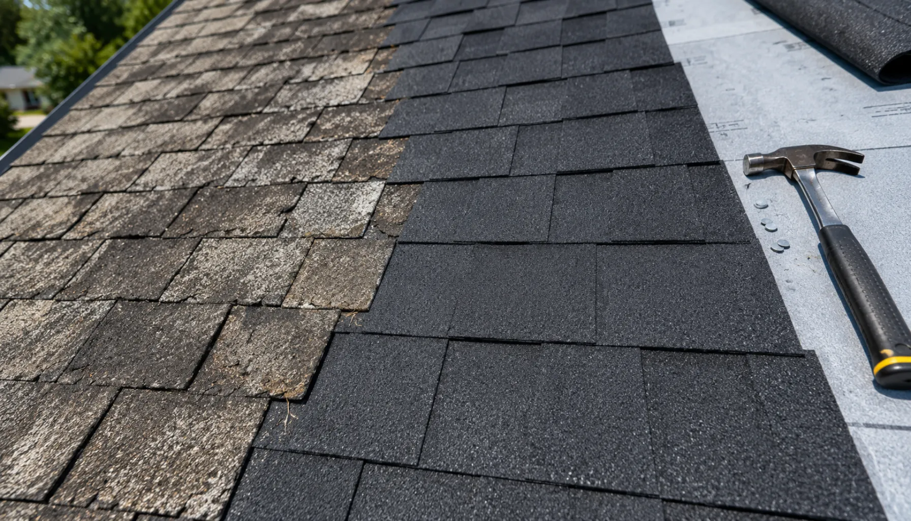 Comparison showing weathered shingles on one side and clean new shingles on the other during a roof inspection