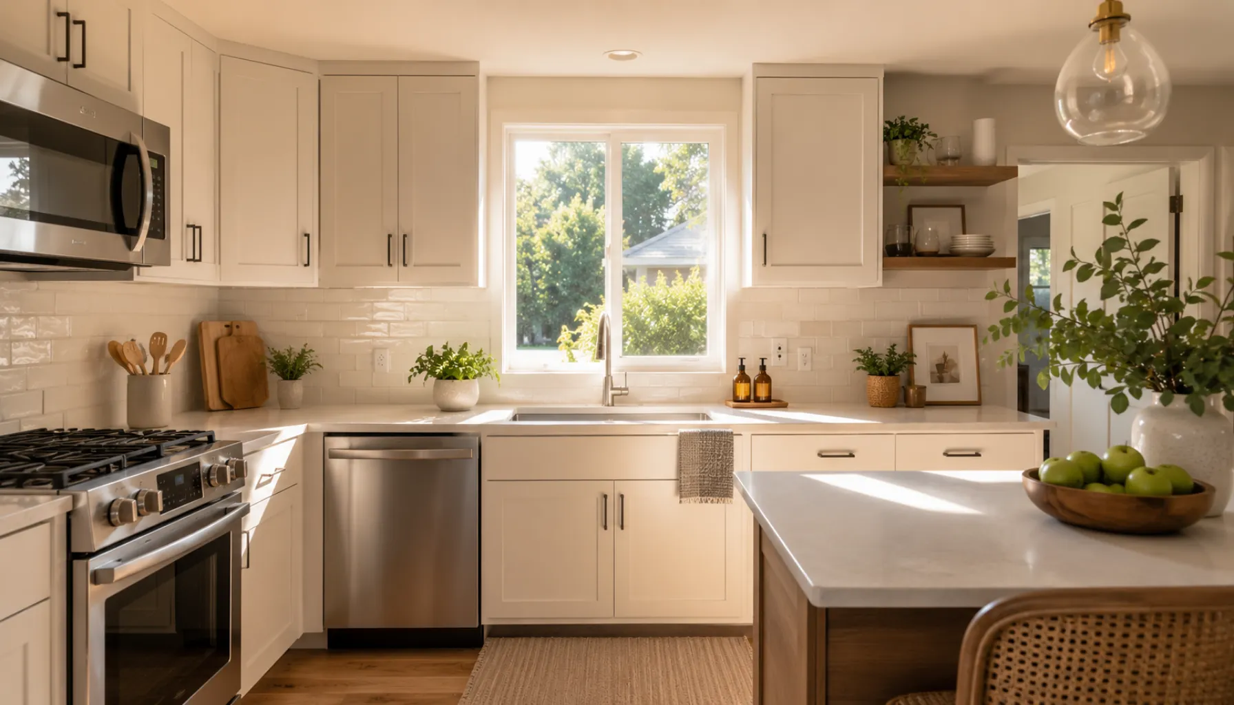 A beautiful, bright modern kitchen renovation featuring painted cabinets and fresh countertops