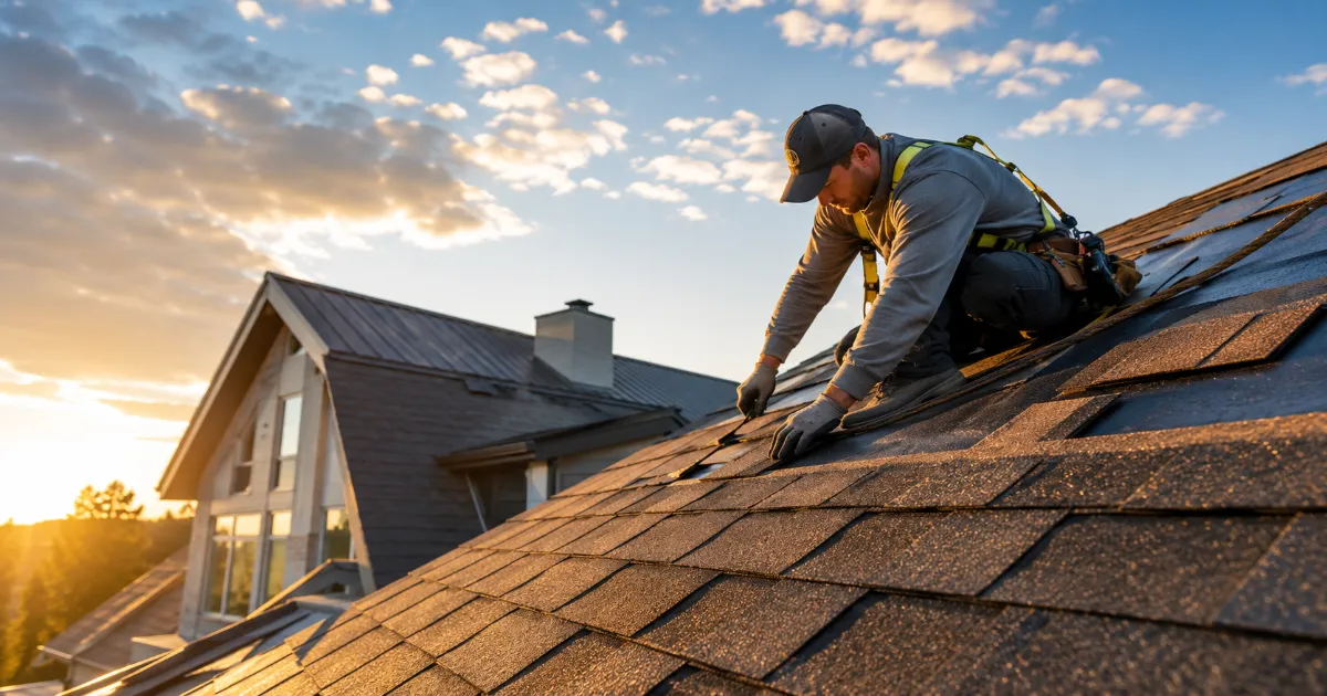Residential roof replacement in progress with a worker installing new asphalt shingles on a suburban American home