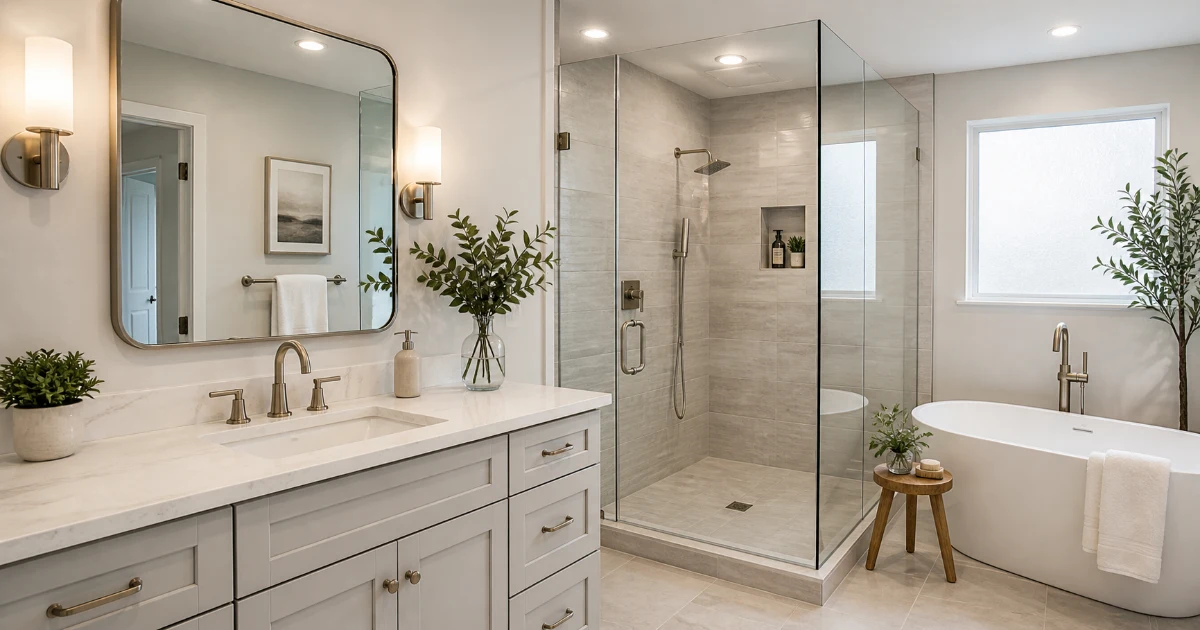 Modern remodeled bathroom with updated vanity, tile, and glass shower enclosure
