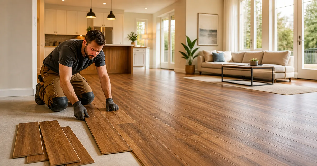 Hardwood flooring installation in a bright modern living space
