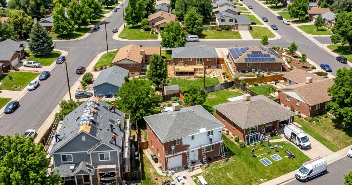 Aerial view of American residential neighborhood with various home improvement projects underway