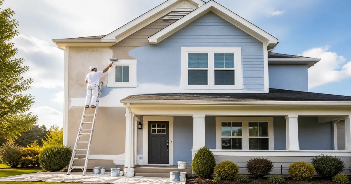 Professional house painting with fresh exterior paint on a residential home