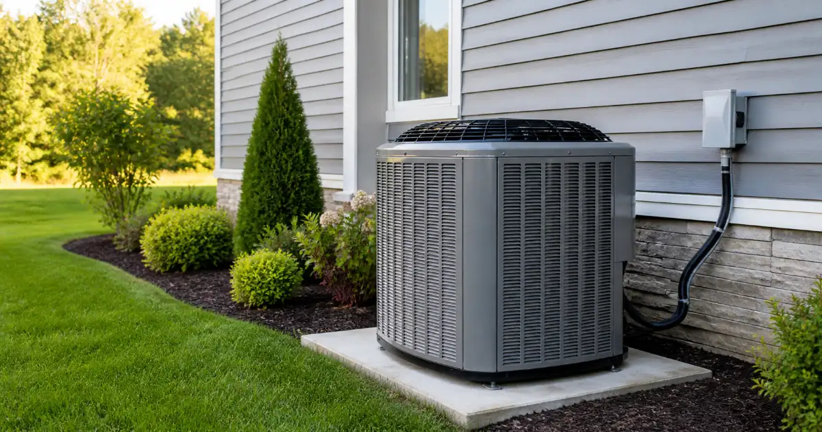 HVAC outdoor condenser unit installed beside a modern American home