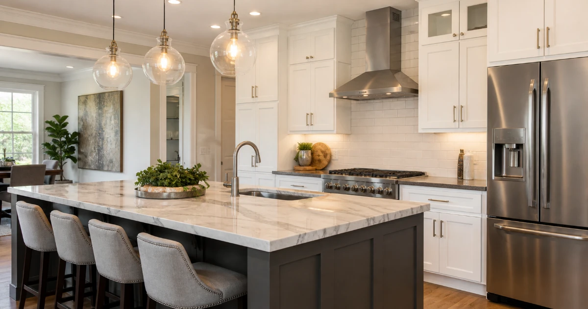Modern kitchen remodel with updated cabinets, countertops, and stainless steel appliances