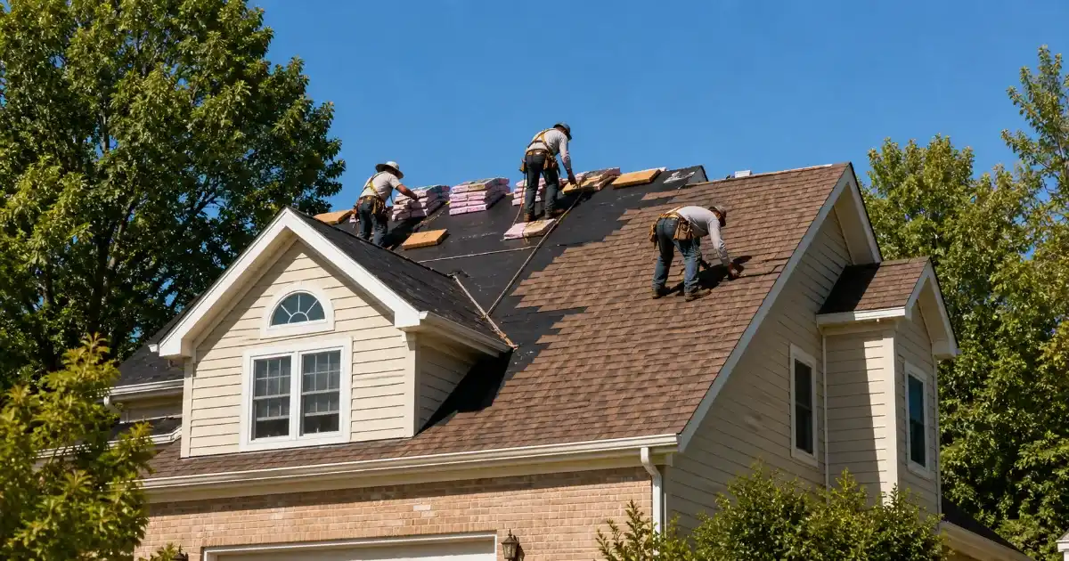 Roof replacement project on a residential home with workers installing new shingles