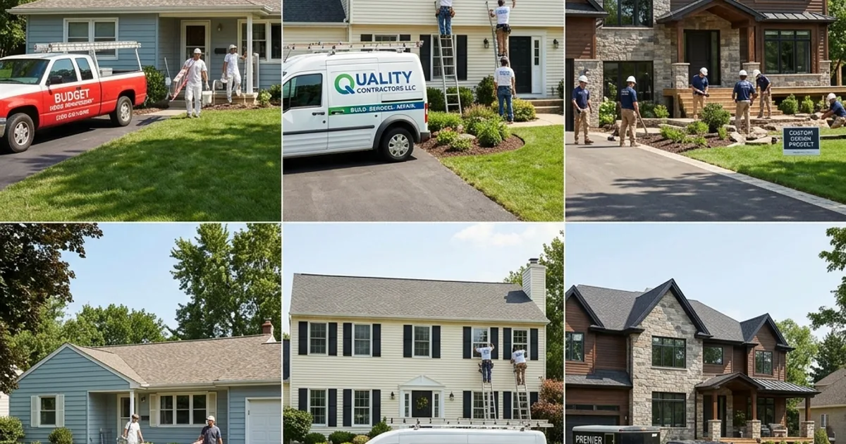 Multiple contractor crews working on different American suburban homes showing price variation