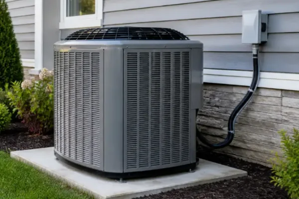 HVAC condenser unit beside a modern home